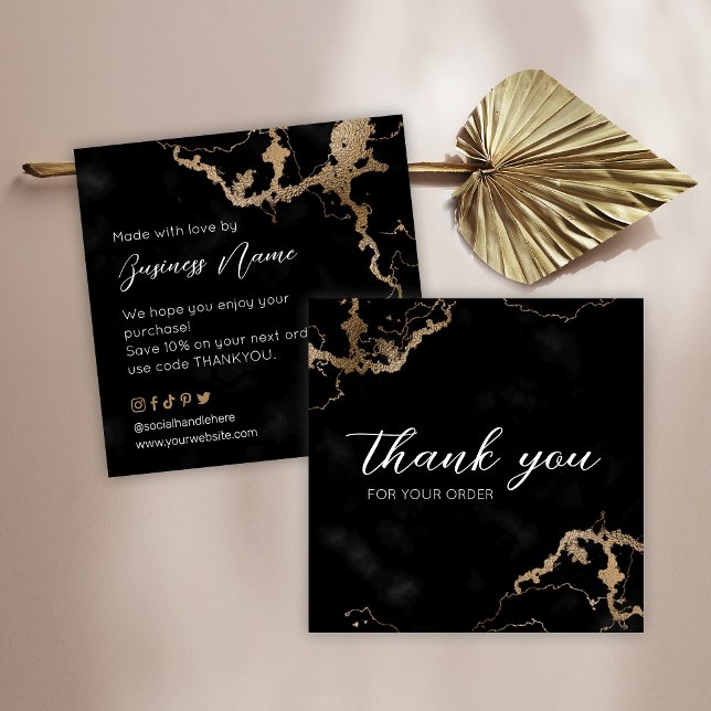 Tarjeta De Visita Cuadrada Black Marble Gold Elegant Gracias Por Comprar (Subido por el creador)