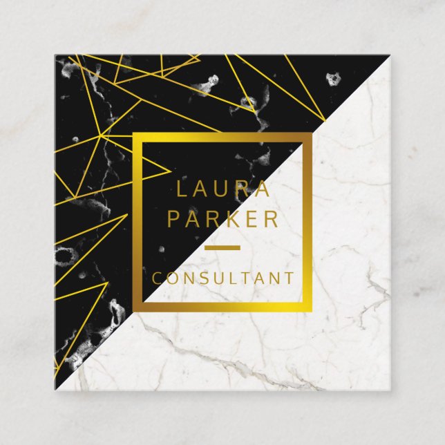 Tarjeta De Visita Cuadrada Black Marble Gold Faux Construcción profesional (Anverso)