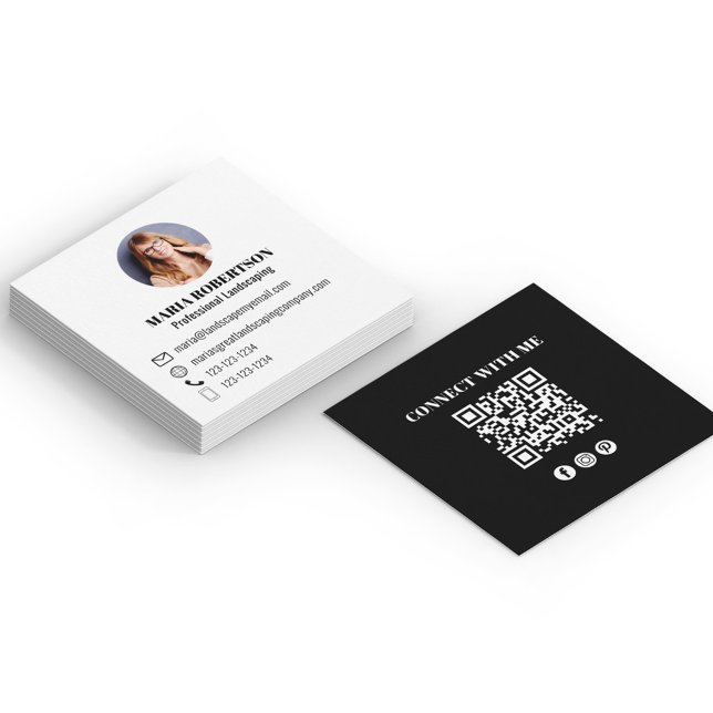Tarjeta De Visita Cuadrada Black Modern QR Code Social Media Photo (Minimalist modern simple black and white business card.)