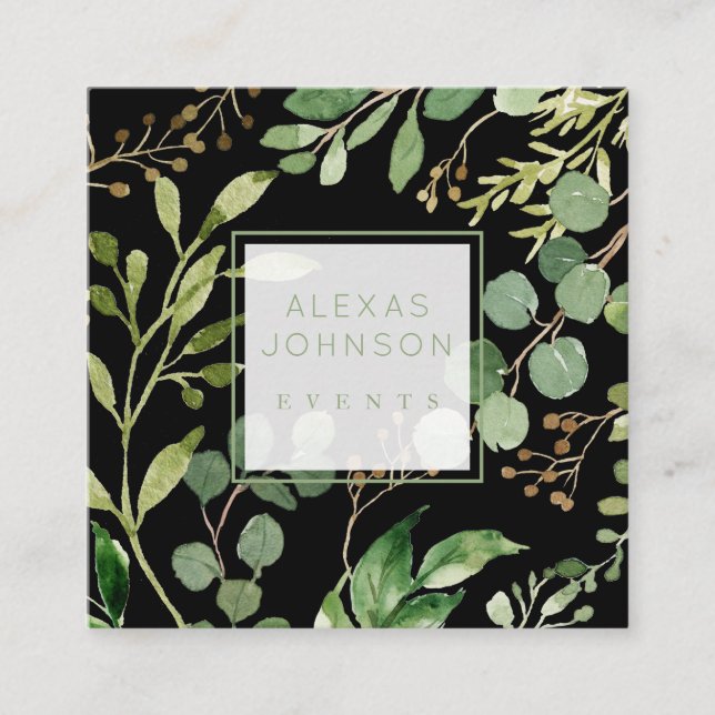 Tarjeta De Visita Cuadrada Black Moody Modern Greenery Spring (Anverso)