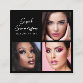 Tarjeta De Visita Cuadrada Black White 3 Photo Elegant Makeup Artist