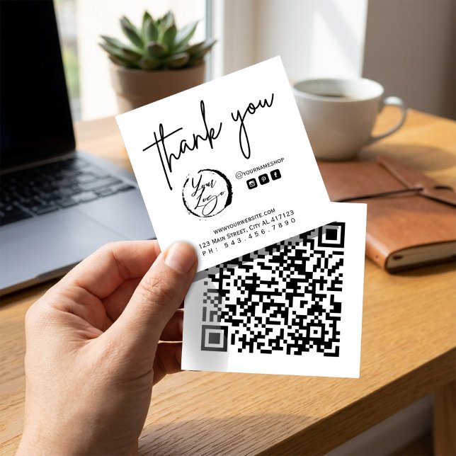 Tarjeta De Visita Cuadrada Black White Branding Thank You (Black White Branding Thank You Square Business Card #thankyoubranding #logoqrcode #supportbusiness)