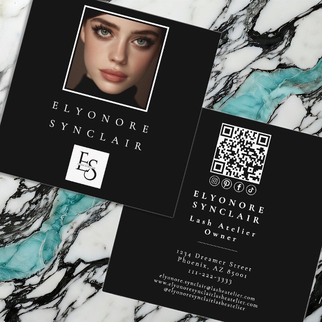 Tarjeta De Visita Cuadrada Black White Script Photo Logo QR Code Social Lash (Subido por el creador)