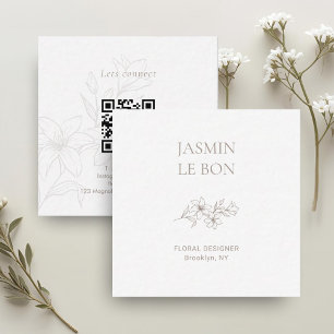 Tarjeta De Visita Cuadrada Blanca   Moda Floral Square Mínimo QR Business