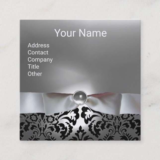 TARJETA DE VISITA CUADRADA BLANCO NEGRO DAMASK RIBBON, GEMSTONE GRIS MONOGRAM (Anverso)