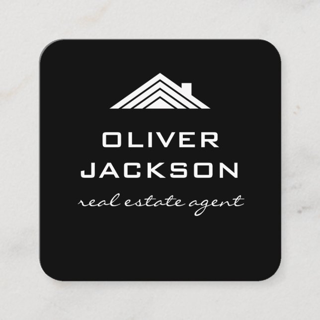 Tarjeta De Visita Cuadrada Blanco negro inmobiliario | Realtor de techo (Anverso)