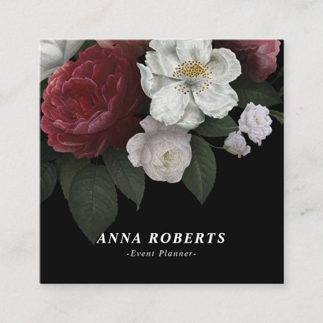 Tarjeta De Visita Cuadrada Blanco rosado rojo de lujo en floral negro (Anverso)
