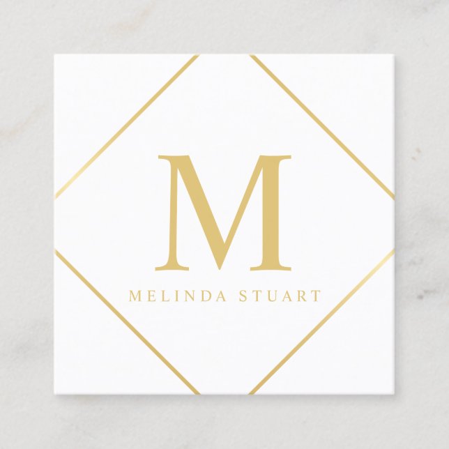 Tarjeta De Visita Cuadrada Blanco y monograma elegante del oro (Anverso)