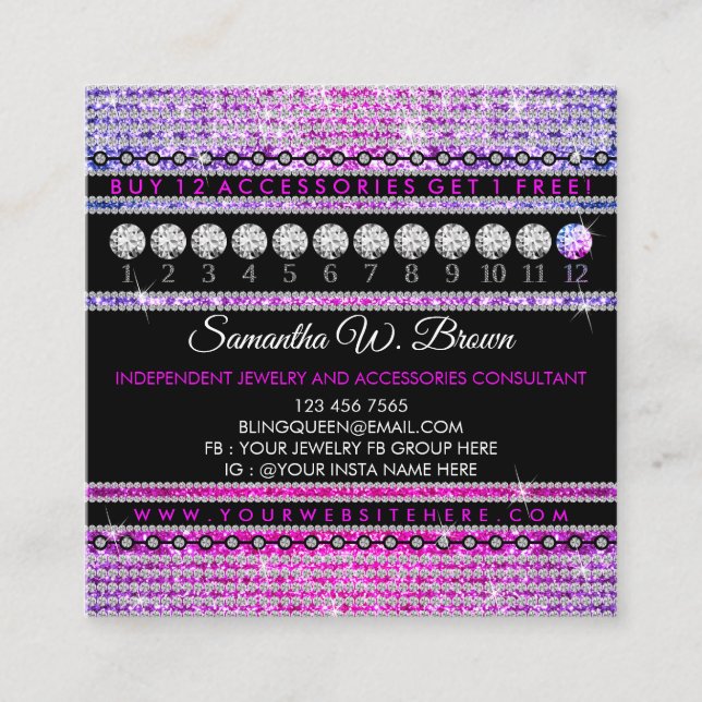 Tarjeta De Visita Cuadrada Bling Jewelry Glitz Glam Luxury Diamond (Anverso)
