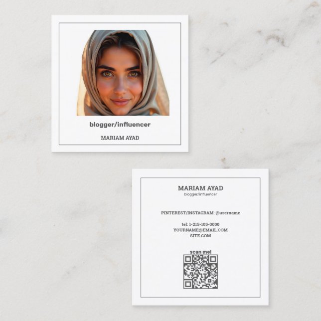 Tarjeta De Visita Cuadrada Bloguero influyente Personalizado QR y Foto (Anverso / Reverso)