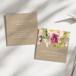 Tarjeta De Visita Cuadrada Bloom vibrante   Kraft floral de acuarela rústica