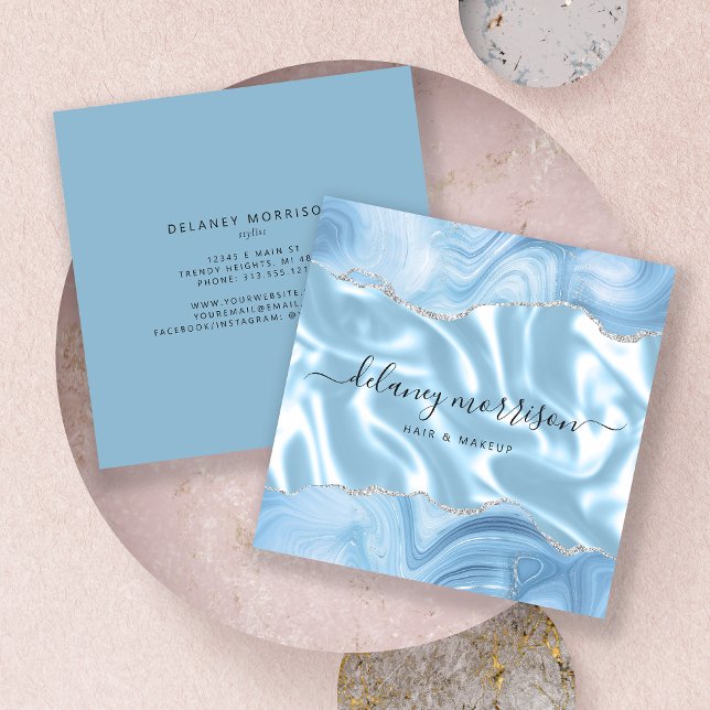 Tarjeta De Visita Cuadrada Blue Agate Silver Purpurina Luxury (Subido por el creador)