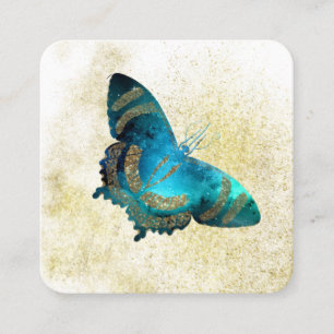 Tarjeta De Visita Cuadrada *~* Blue Aqua Gold Purpurina Gilberto Gold Butterf