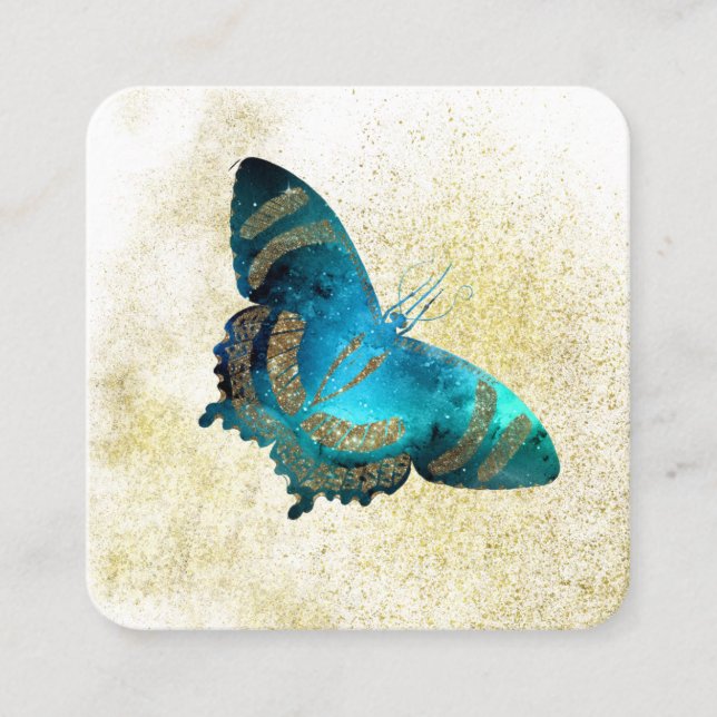 Tarjeta De Visita Cuadrada *~* Blue Aqua Gold Purpurina Gilberto Gold Butterf (Anverso)