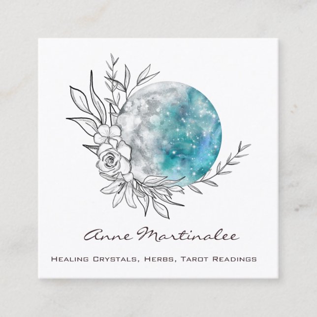Tarjeta De Visita Cuadrada Blue Floral Moon Square Business Card (Anverso)