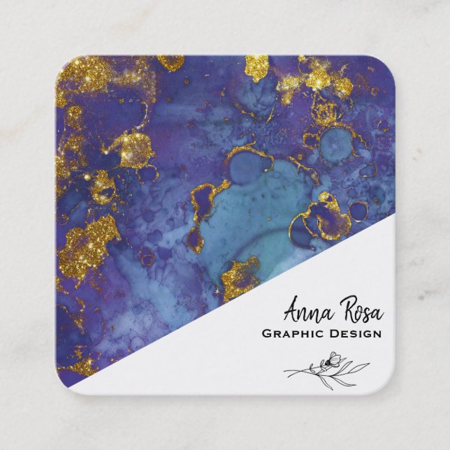 Tarjeta De Visita Cuadrada *~* Blue Gold Floral Marble Abstract Organic (Anverso)