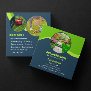 Tarjeta De Visita Cuadrada Blue Green Lawn Care Landscaping Mowing 3 Photo Bu