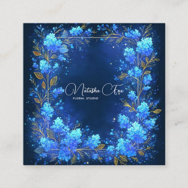 Tarjeta De Visita Cuadrada Blue Hydrangea Gold Celestial Frame Midnight (Anverso)