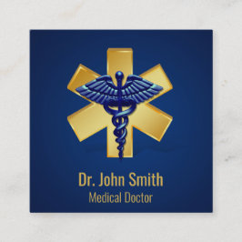 Tarjeta De Visita Cuadrada Blue Medical 3D Caduceus Gold Cross