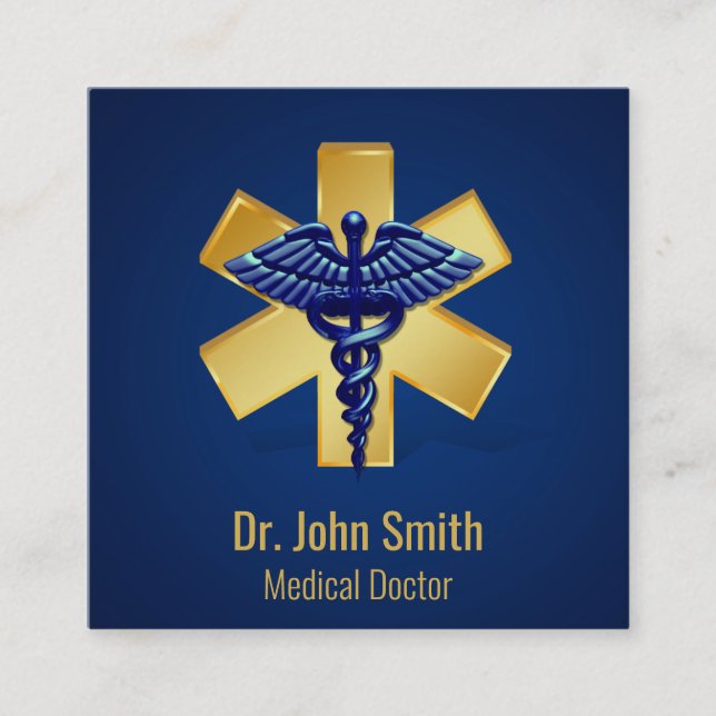 Tarjeta De Visita Cuadrada Blue Medical 3D Caduceus Gold Cross (Anverso)
