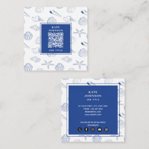 Tarjeta De Visita Cuadrada Blue White Hand Drawing Sea Shells Beach Summer
