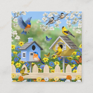 Tarjeta De Visita Cuadrada Bluebirds Goldfinches Birdhouses Flower Garden