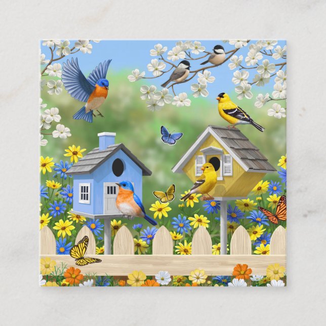 Tarjeta De Visita Cuadrada Bluebirds Goldfinches Birdhouses Flower Garden (Anverso)