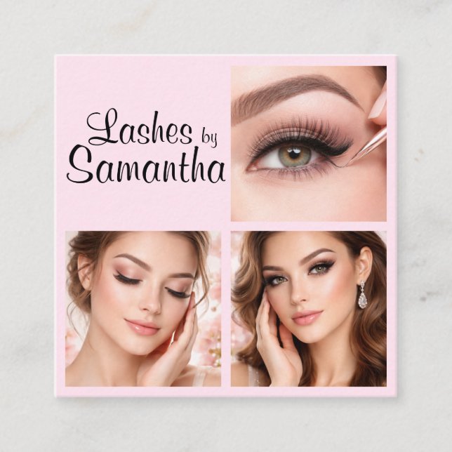Tarjeta De Visita Cuadrada Blush Pink Black Script 3 Photo Logo Makeup (Anverso)