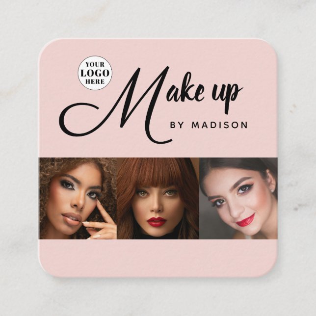 Tarjeta De Visita Cuadrada Blush Pink Black Script 3 Photo Makeup (Anverso)