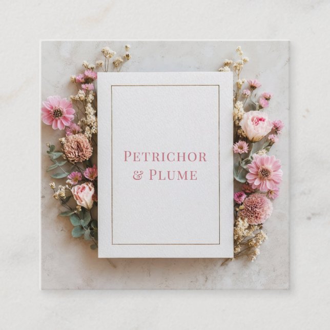 Tarjeta De Visita Cuadrada Blush Pink Floral Gold Frame Rustic Geometric (Anverso)