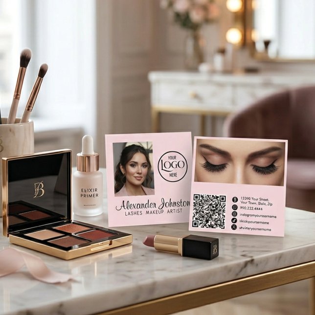Tarjeta De Visita Cuadrada Blush Pink Lashes Makeup Artist Photo QR Code (Blush Pink Lashes Makeup Artist Photo QR Code Square Business Card )