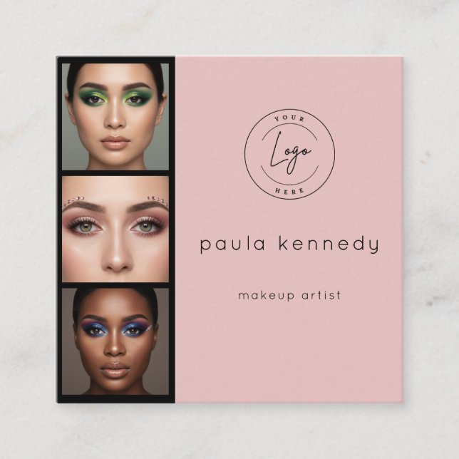 Tarjeta De Visita Cuadrada Blush Pink Modern Photo Makeup 3 Photo Square (Anverso)