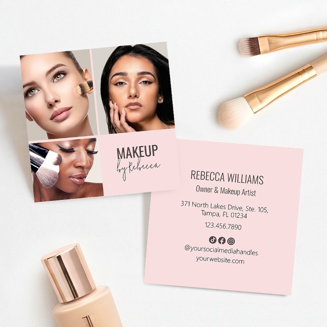 Tarjeta De Visita Cuadrada Blush Pink Modern QR Code 3 Photo Makeup (Blush pink modern square business card with 3 photos and details to the reverse)
