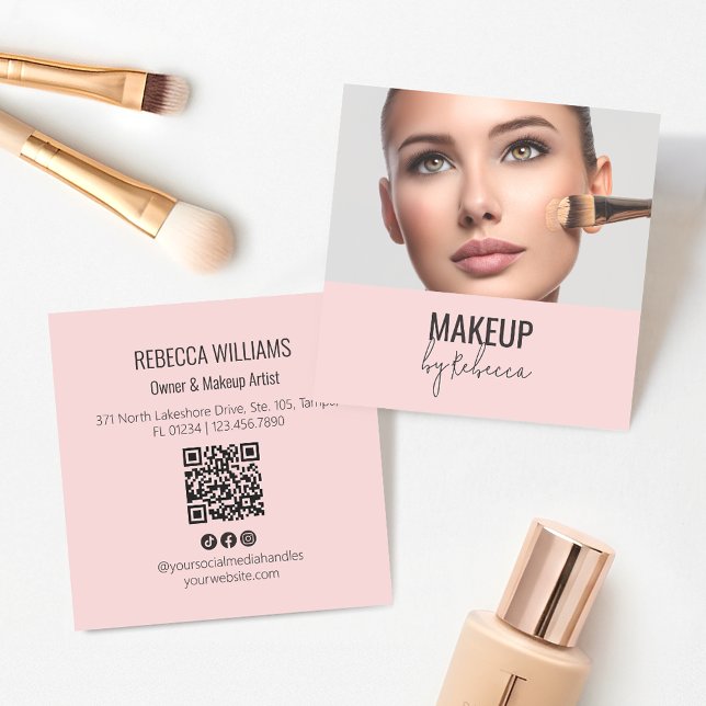 Tarjeta De Visita Cuadrada Blush Pink Modern QR Code Photo Makeup (Blush pink makeup artist business card with photo and QR code)