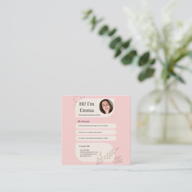 Tarjeta De Visita Cuadrada Blush Pink Postpartum Doula Professional Design (Anverso de pie)