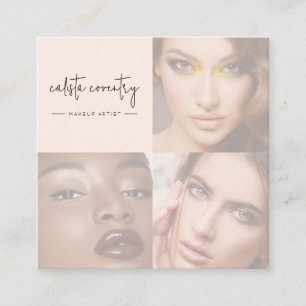 Tarjeta De Visita Cuadrada Blush Pink Script Icono Social 3 Foto Maquillaje