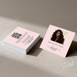 Tarjeta De Visita Cuadrada Blush Pink Script Photo QR Social Hair Extension