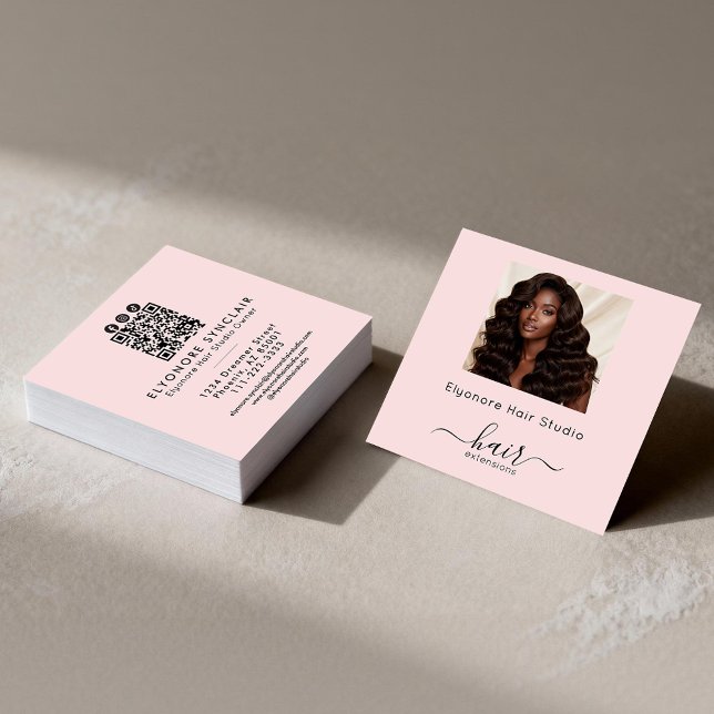 Tarjeta De Visita Cuadrada Blush Pink Script Photo QR Social Hair Extension (Subido por el creador)