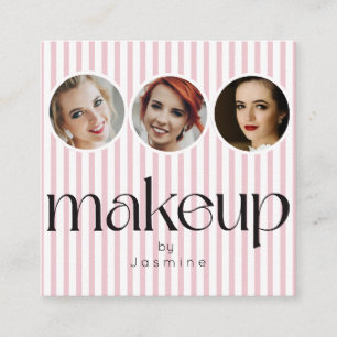 Tarjeta De Visita Cuadrada Blush Pink Stripe 3 Foto MUA Código QR Redes Socia