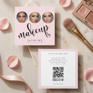 Tarjeta De Visita Cuadrada Blush Rosa Blanco 3 Foto MUA Código QR Redes Socia