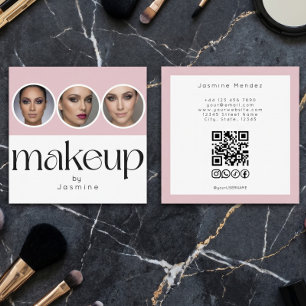 Tarjeta De Visita Cuadrada Blush Rosa Blanco 3 Foto MUA Código QR Redes Socia