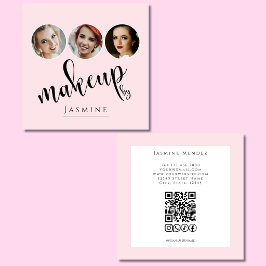 Tarjeta De Visita Cuadrada Blush Rosa Blanco 3 Foto MUA Código QR Redes Socia