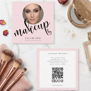 Tarjeta De Visita Cuadrada Blush Rosa Blanco Foto MUA Código QR Redes Sociale