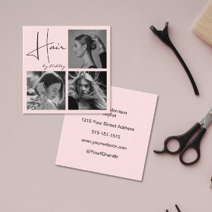 Tarjeta De Visita Cuadrada Blush Rosa Foto Negro Script Peluquero 