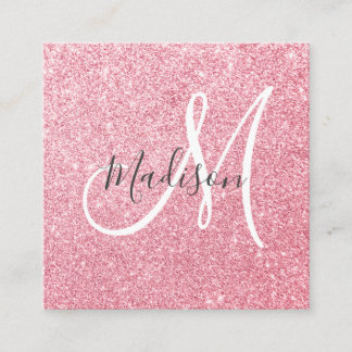 Tarjeta De Visita Cuadrada Blush Rosa Rosa Dorado Brillo Destello Monograma