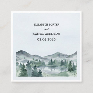 Tarjeta De Visita Cuadrada Boda de acuarela de montaña árbol perenne rústico