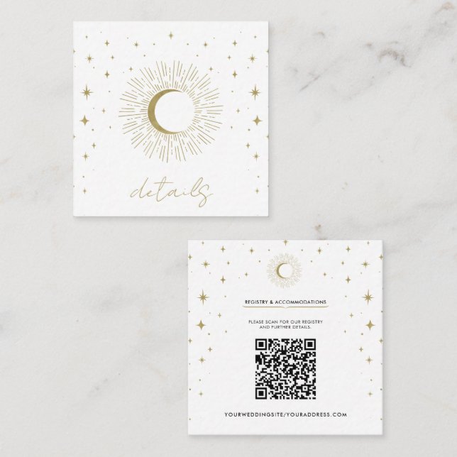Tarjeta De Visita Cuadrada Boda de la luna de sol celestial de estrellas blan (Anverso / Reverso)