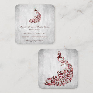 Tarjeta De Visita Cuadrada Boda de Peacock Rojo y servicios de novias