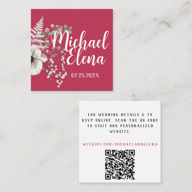 Tarjeta De Visita Cuadrada Boda floral blanco y magenta detalles del código Q (Anverso / Reverso)