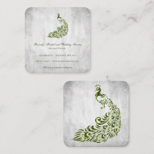 Tarjeta De Visita Cuadrada Boda Peacock Verde y servicios para novias (Anverso / Reverso)